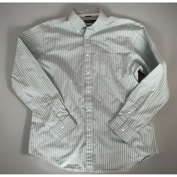 Nautica Long Sleeve Button Down Shirt Men's Green White Striped Logo Large JBHS - Picture 1 of 7
